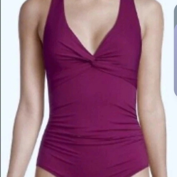 NEW Calvin Klein Womens 12 Swimsuit Fuchsia Pink 50+UPF Twist Top Tummy Control - Picture 1 of 11
